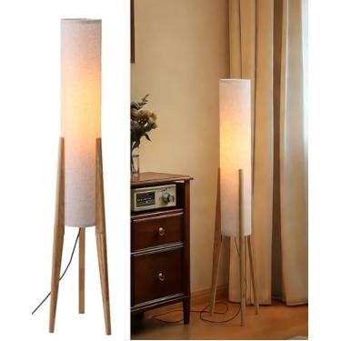 Imagem de WOSBO Candeeiro de piso de tripé de madeira natural, lâmpada de piso cilíndrica estilo vintage de 124 cm de altura com abajur de tecido branco, luminária de chão moderna de meados do século para