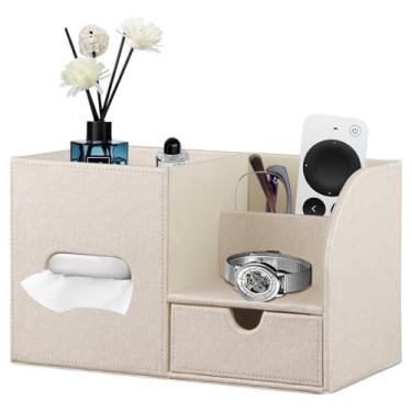 Imagem de Fanousy Capa quadrada de caixa de lenços com armazenamento de gaveta e bandeja na parte superior, suporte de caixas de cubo de couro PU, organizador de mesa de cabeceira moderno, suporte de controle