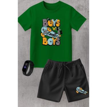 Imagem de Conjunto Infantil Camiseta e Short Moletinho Moda Verão Skate Street Brooklyn com Relógio Digital-Unissex