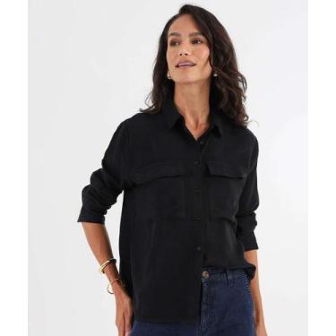 Imagem de Camisa Feminina Bolso Lapela Manga Longa Marisa Preto-58325, Preto, GG