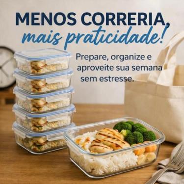 Imagem de Kit 5 Potes Marmita Vidro 640ml Hermético  Anti Vazamento  Freezer e M