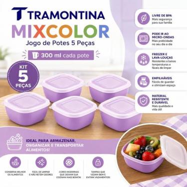 Imagem de Kit 5 Potes Plásticos Tramontina Mixcolor 300ml Lilás Empilháveis Orig