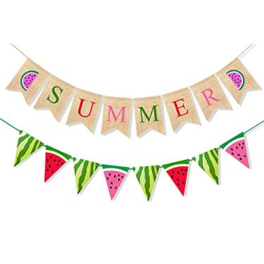 Imagem de Uniwish Faixa de verão de juta tema melancia suprimentos de festa decorações de verão guirlanda bandeiras de melancia para festa de praia havaiana pano de fundo de foto