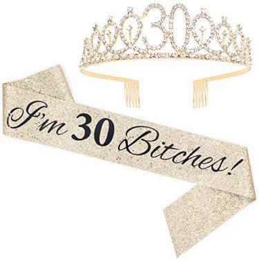 Imagem de "I'm 30 Bitches!" Faixa e conjunto de tiara de strass – Faixa de aniversário com purpurina, presente de aniversário para mulheres, brindes de festa de aniversário