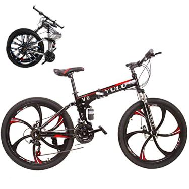 Imagem de Bicicleta dobrável portátil para adultos bicicletas dobráveis para adultos bicicleta de montanha dobrável com garfo de suspensão engrenagens de 66 cm bicicleta dobrável bicicleta da cidade moldura de aço de alto carbono, preto/6,30