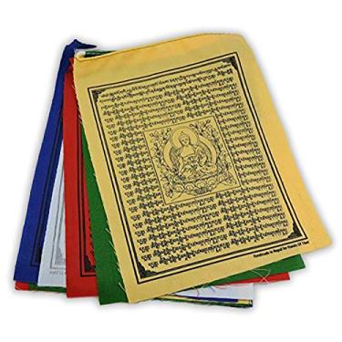 Imagem de Bandeiras de oração tibetana feitas à mão, bandeiras tibetanas de oração do Buda da medicina do Nepal conjunto de 10 bandeiras Cinco cores tradicionais tibetanas que são amarelo, verde, vermelho, branco e azul.