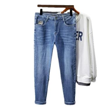 Imagem de Calças jeans calças jeans outono buraco personalizado Hot Stamping bordado casual leve luxo calças de perna reta, Azul, 34-35