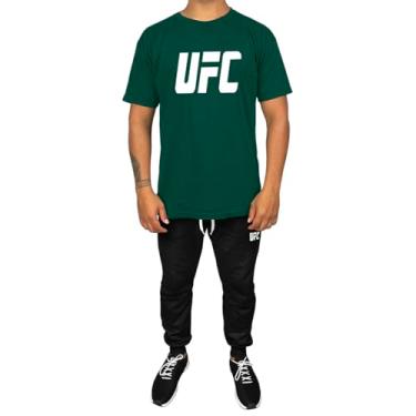 Imagem de Kit Conjunto Masculino Camiseta Algodão e Calça Moletom Casual Estampado UFC (Verde, GG)