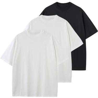 Imagem de KEEPSHOWING Camisetas masculinas de algodão grandes unissex manga curta gola redonda solta básica camiseta atlética lisa, Branco + branco + preto, GG