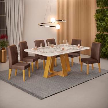 Imagem de Conjunto Sala de Jantar 6 Cadeiras Tampo Sem Vidro 170x90 Dj Móveis Kiara Cedro Quartzo Yasmin Veludo Moca