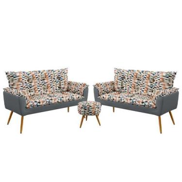 Imagem de Kit 2 Poltronas Namoradeira Beta com Puff Solar Suede Estampado Laranj