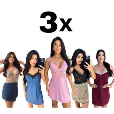 Imagem de Kit Com 3 Camisolas Pijama Feminino Com Renda E Alça Regulável MadameX