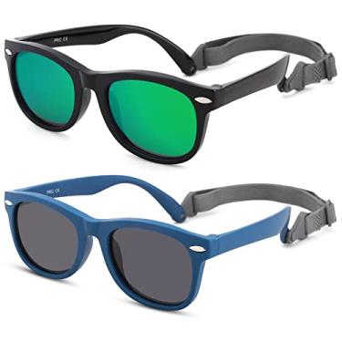 Imagem de Melpomenia Óculos de sol para bebês flexíveis e dobráveis com alça para recém-nascidos, meninos e meninas de 0 a 24 meses, B6 preto brilhante/verde espelhado + azul fosco/cinza, Medium