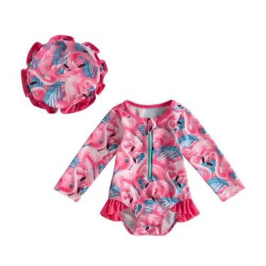Imagem de Macacão de Banho Infantil para Menina - Flamingo e Flores - Manga Long