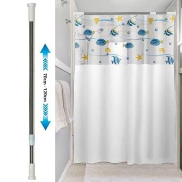 Imagem de Kit Varão + Cortina para Box Visor | Cortina PEIXES (1,35x2,00m) E Varao Extensivel 70 ate 120cm Metal - PANAMI