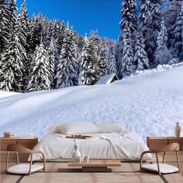 Imagem de Lcythiazole Papel de parede mural de cena de neve de inverno cabine de floresta de neve linda foto para sala de estar quarto estudo autoadesivo removível tamanho personalizável descascar e colar