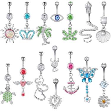 Imagem de TAMHOO 15 anéis de umbigo de aço inoxidável 14G para mulheres com zircônia cúbica AAA, one size, Aço inoxidável, zircônia cúbica, Zircônia cúbica