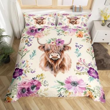 Imagem de Conjunto de capa de edredom Highland Cattle tamanho casal, margarida roxa, flores botânicas, rústico, decoração de quarto de meninos e meninas, capa de edredom de vaca touro selvagem, capa de edredom