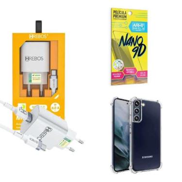Imagem de Kit Carregador Turbo + Capinha Samsung S22 + Película 9D - Hrebos