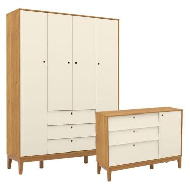 Imagem de Cômoda Sapateira e Guarda Roupa Unique 4 Portas Freijó Off White Eco Wood - Matic