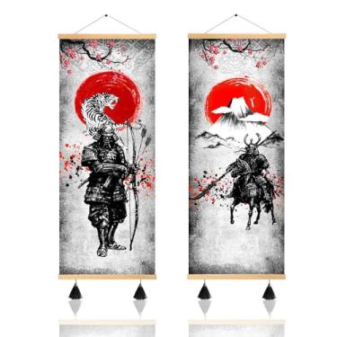 Imagem de MBOUFOEY 2 peças de pintura de rolagem retrô Japão antigo guerreiro tigre e montanha Fuji Samurai impressão de arte de parede pôster preto e branco arte pronto para pendurar decoração de casa