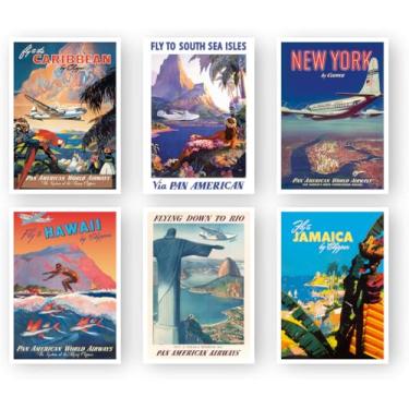 Imagem de Conjunto de 6 – Pôster de Viagem Aérea Vintage, Sem Moldura – Arte de Parede Retrô Pan-Americana – Decoração de 12 x 18 cm para Casa, Escritório ou Aluguel de Férias