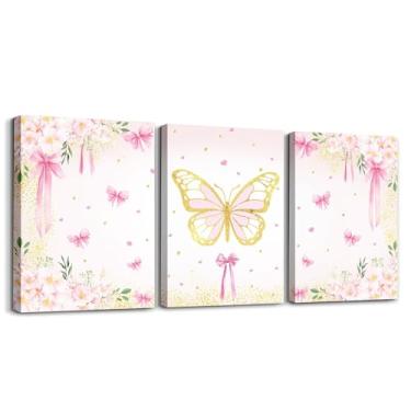 Imagem de Erosebridal Conjunto de 3 arte de parede em tela de borboleta rosa, imagens de laço de fita rosa, impressão de pôster floral rústico, decoração de parede com laço de coquete para meninas, mulheres