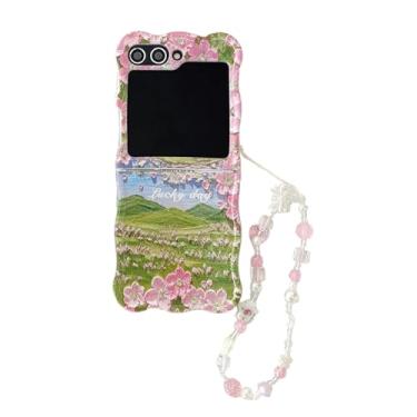 Imagem de SKPY Capa de flores compatível com Samsung Galaxy Z Flip 5 moldura ondulada encaracolada com corrente, linda pintura a óleo, estampa floral, à prova de choque, capa para mulheres