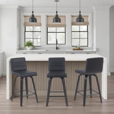 Imagem de Banqueta de barra giratória moderna Vienna com assento de couro sintético preto e moldura de madeira escovada preta conjunto de 3