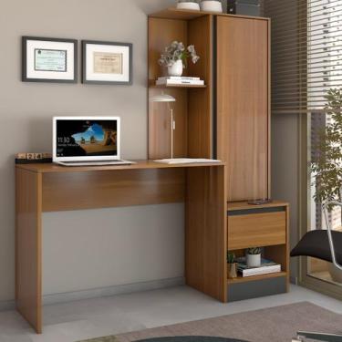 Imagem de Mesa Escrivaninha Alune com Estante 1 Porta 1 Gaveta Freijó/Grafite - 