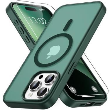 Imagem de Vansdon Capa para iPhone 15 Pro Max, compatível com MagSafe, capa protetora fina fosca translúcida magnética com 1 protetor de tela - proteção contra quedas de grau militar (verde escuro)