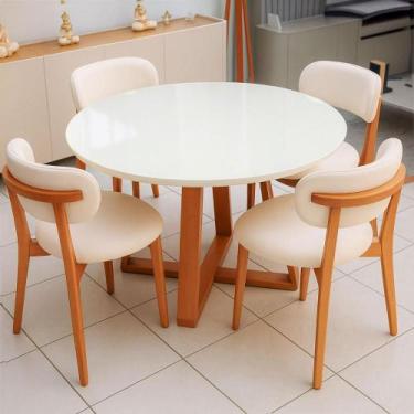 Imagem de Mesa de Jantar 1,35m Redonda com 4 Cadeiras e Base em Madeira Natural 