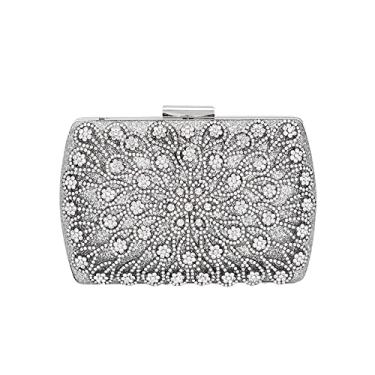Imagem de CORIOS Bolsa feminina de strass para noite, bolsa de mão de cristal, com glitter, bolsa tiracolo para casamento, coquetel, festa de formatura, banquete, Prata, L, Elegante