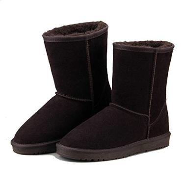 Imagem de Bigfanshu Botas masculinas clássicas 2020 moda quente pelúcia inverno sapatos à prova d'água couro genuíno botas de trabalho botas de neve casuais cano médio mocassins e sapatos sem cadarço tornozelo botas chukka sem cadarço, Chocolate, 43 BR G
