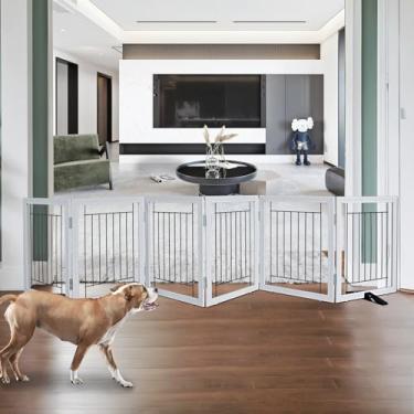 Imagem de ZJSF Portão interno independente para cães, cerca dobrável para portas, corredores ou escadas, portão extra largo de madeira resistente para animais de estimação com pés de apoio, cinza, 61 cm de