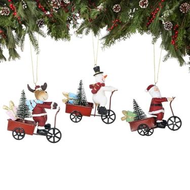Imagem de Conjunto de 3 peças de enfeites de Natal de carroça de metal – Decorações de árvore de design vintage feitas à mão com Papai Noel, rena e boneco de neve no vagão, decoração rústica de férias para casa