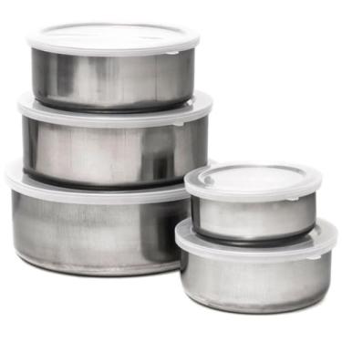 Imagem de Conjunto Tigelas de Inox 5 Peças com Tampa – Potes Redondos Duráveis p/Cozinha Moderna, Práticos e Empilháveis