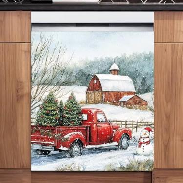 Imagem de Capa de porta frontal com ímã de caminhão vermelho fazenda, capa magnética de geladeira, boneco de neve de inverno, decalque de painel de vinil para lava-louças, atualização instantânea 58 cm L x 66