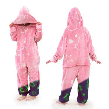Imagem de Cloele Pijama de macacão de coração que brilha no escuro para meninas - fantasia infantil de lã, flanela felpuda, Halloween, Natal, cosplay, fantasia, roupa de casa/roupa de dormir (coração, M)