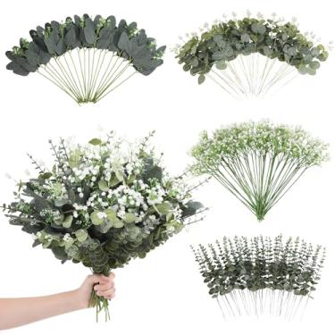 Imagem de 120 peças de folhas artificiais mistas de eucalipto caules volumosos, flores artificiais de hálito de bebê a granel com folhas de eucalipto, hastes de vegetação para buquês faça você mesmo, decoração
