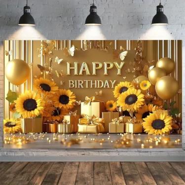 Imagem de Girassol Faixa de Feliz Aniversário Pano de Fundo Dourado Borboleta Balões Bolinhos Amarelos Decorações de Aniversário para Meninas Mulheres Decoração de Bolo Decoração de Mesa Adereços de Foto (A
