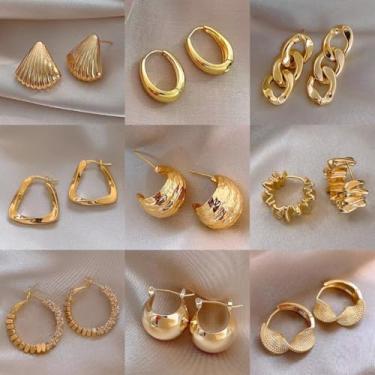 Imagem de 6 pares de brincos de argola de ouro grosso para mulheres, base de liga com pinos de prata esterlina 925 e banhados a ouro 14K, conjunto de argolas leves hipoalergênicas, joias femininas presentes