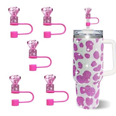 Imagem de JIASHEBDE Conjunto de 5 peças de cobertura de canudo de diamante brilhante, topo de palha de strass duplo para copos Stanley de 30 e 1,134 g, acessórios de tampa de 1 cm para canudos de 10 mm (rosa