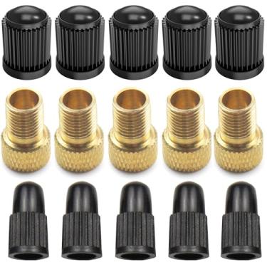 Imagem de Pitlane Performance Conjunto de adaptadores de válvula de bicicleta – adaptadores de latão para válvulas Presta – 5 adaptadores Presta-to-Schrader + 10 tampas de válvula para bicicletas, e-bikes e