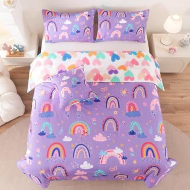 Imagem de ASKOTU Jogo de cama solteiro com arco-íris, corações do amor, arco-íris, roxo, para meninas e crianças