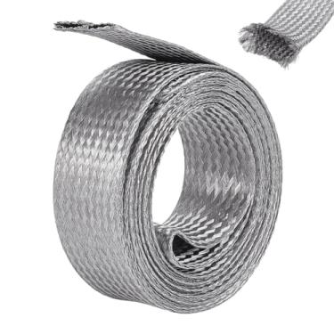 Imagem de UNICRAFTALE Cabo trançado de aço inoxidável trançado de 3 m (3 m) com mangas trançadas de aço inoxidável, alças de aterramento, malha de metal plano, fio de fita expansível flexível para proteger o