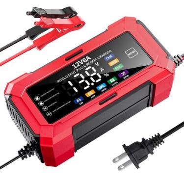 Imagem de Carregador de bateria de 6 A, carregador automático inteligente de 12 V, dessulfatador de manutenção de bateria com compensação de temperatura para carro, caminhão, motocicleta, cortador de grama
