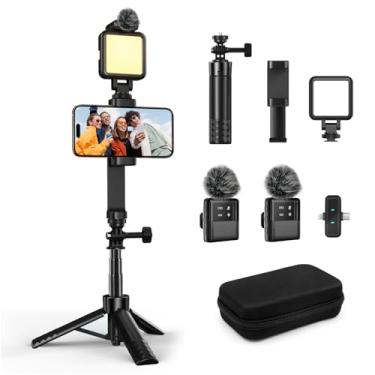 Imagem de yAyusi Kit de vlogging para iPhone/Android, tripé de bastão de selfie de 78 cm com luz, microfone e caixas de armazenamento, kit iniciante essencial para criador de conteúdo para entrevistas, vlogs