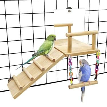 Imagem de BNOSDM Brinquedo de periquito de madeira 4 em 1 com plataforma de poleiro de pássaro com espelho, escada de escalada, acessórios de gaiola de pássaros para papagaios, periquitos, conures, calopsitas