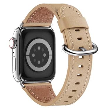 Imagem de Pulseira feminina WFEAGL de couro genuíno de grão superior para Apple Watch Ultra, SE e séries 8, 7, 6, 5, 4, 3, 2 e 1 de 49 mm, 45 mm, 44 mm e 42 mm (pulseira bege + conector prata)